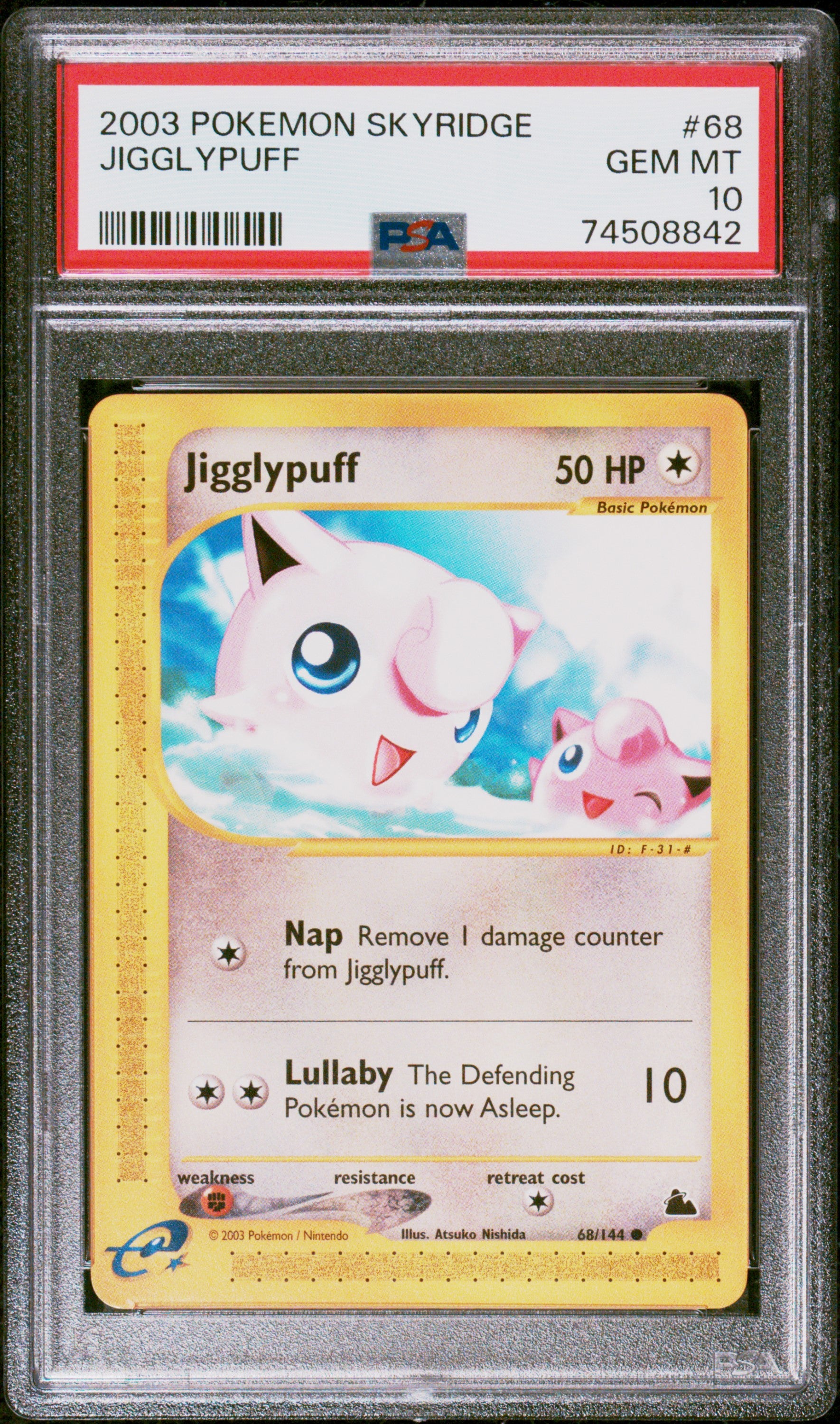 JIGGLYPUFF 68/144 Common POKEMON SKYRIDGE PSA10 GEM MT 10 PSA population 59 <a href=https://www.psacard.com/cert/74508842/psa>https://www.psacard.com/cert/74508842/psa</a>