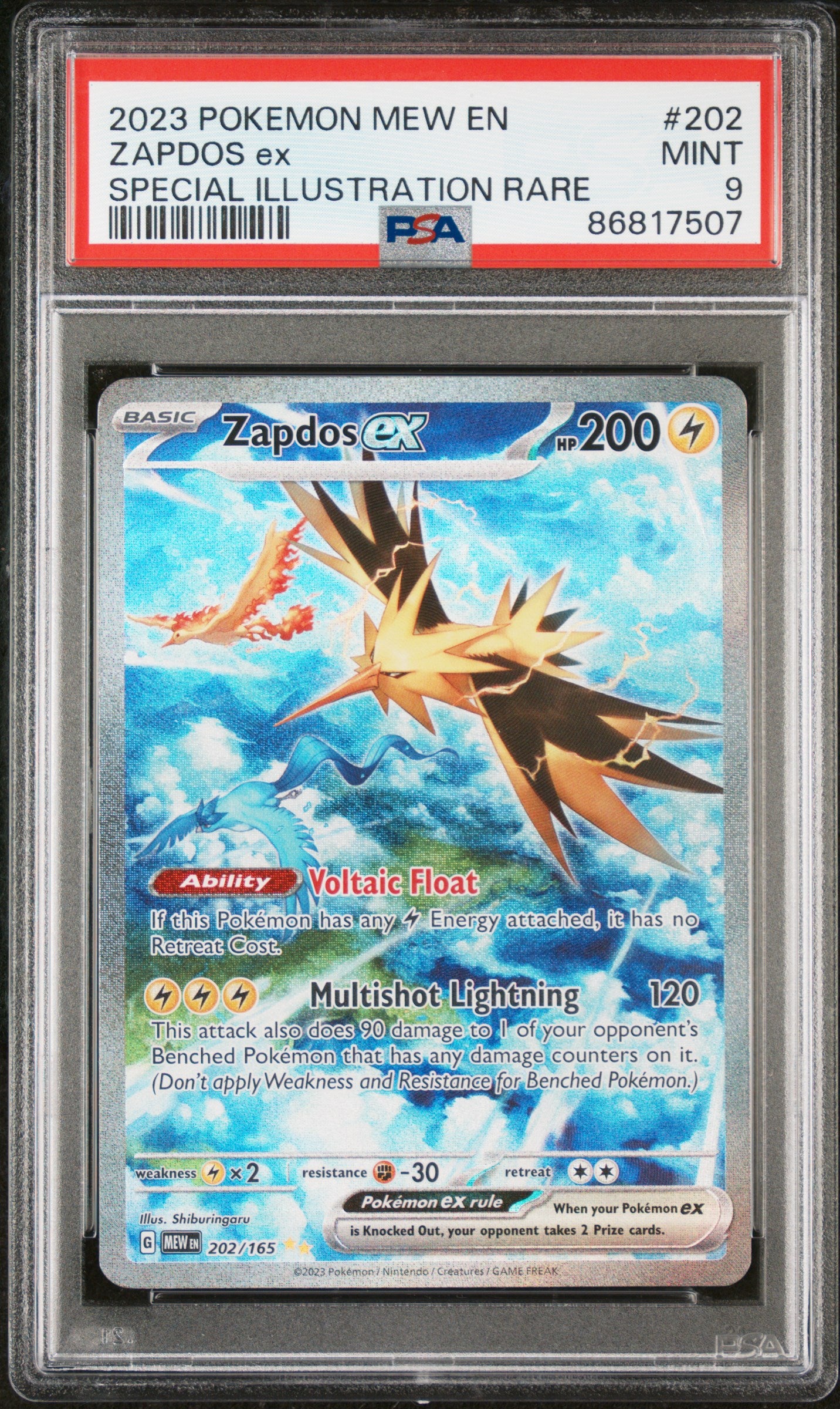 ZAPDOS EX 202/165 Common POKEMON MEW EN-151 SPECIAL ILLUSTRATION RARE PSA9 MINT 9 PSA population 16158 <a href=https://www.psacard.com/cert/86817507/psa>https://www.psacard.com/cert/86817507/psa</a>