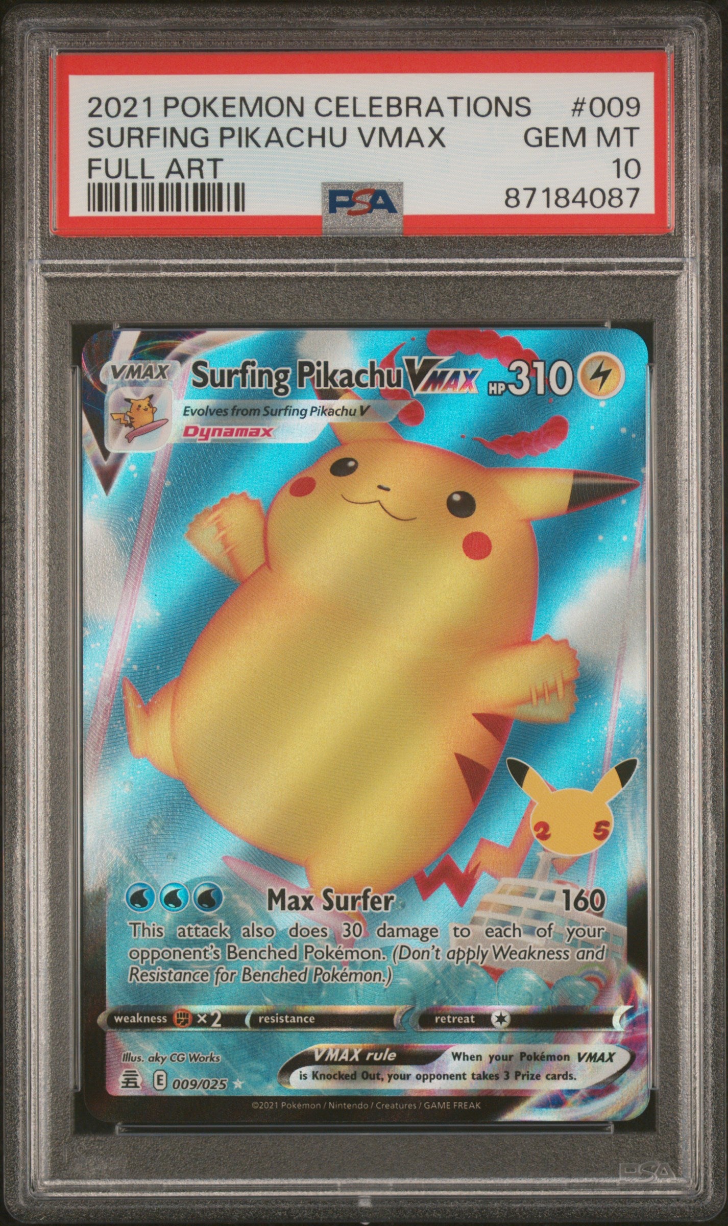 SURFING PIKACHU VMAX 9/25 Common POKEMON CELEBRATIONS FULL ART PSA10 GEM MT 10 PSA population 3772 <a href=https://www.psacard.com/cert/87184087/psa>https://www.psacard.com/cert/87184087/psa</a>