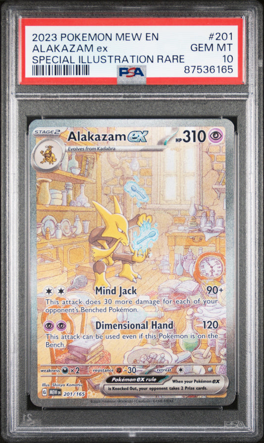 ALAKAZAM EX 201/165 Common POKEMON MEW EN-151 SPECIAL ILLUSTRATION RARE PSA10 GEM MT 10 PSA population 8873 <a href=https://www.psacard.com/cert/87536165/psa>https://www.psacard.com/cert/87536165/psa</a>