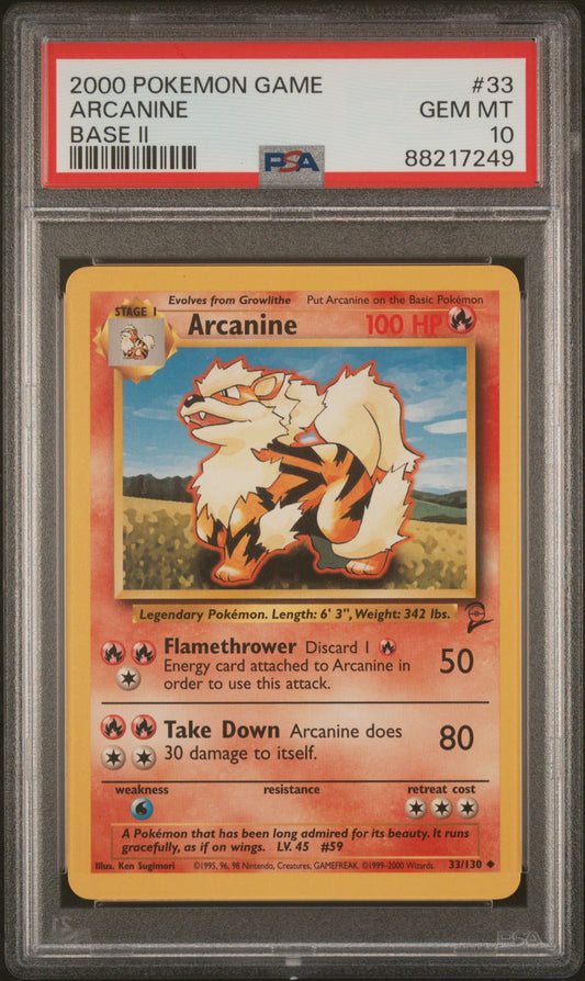 ARCANINE 33/130 Common POKEMON GAME BASE II BASE II PSA10 GEM MT 10 PSA population 59 <a href=https://www.psacard.com/cert/88217249/psa>https://www.psacard.com/cert/88217249/psa</a>
