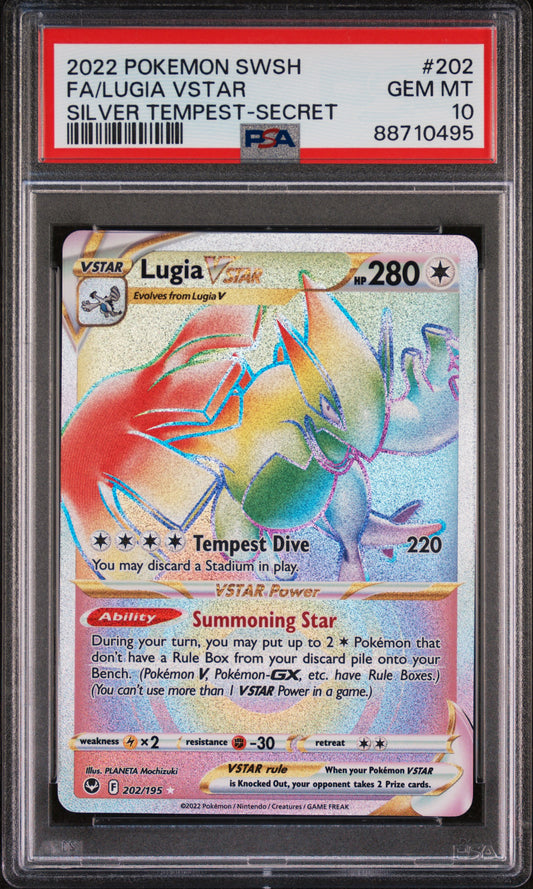 FA/LUGIA VSTAR 202/195 Common POKEMON SWORD & SHIELD SILVER TEMPEST SILVER TEMPEST-SECRET PSA10 GEM MT 10 PSA population 2119 <a href=https://www.psacard.com/cert/88710495/psa>https://www.psacard.com/cert/88710495/psa</a>
