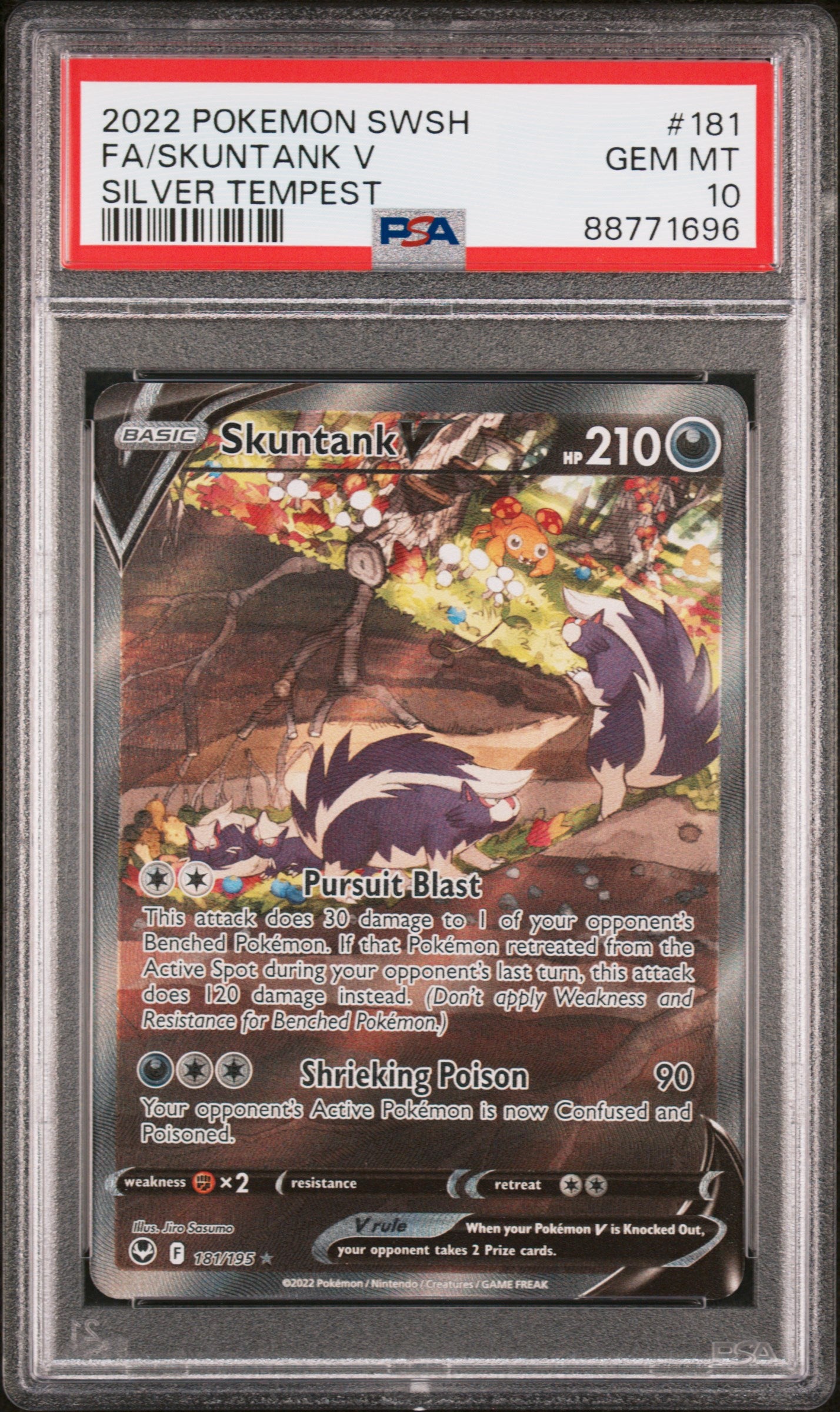 FA/SKUNTANK V 181/195 Common POKEMON SWORD & SHIELD SILVER TEMPEST SILVER TEMPEST PSA10 GEM MT 10 PSA population 1864 <a href=https://www.psacard.com/cert/88771696/psa>https://www.psacard.com/cert/88771696/psa</a>
