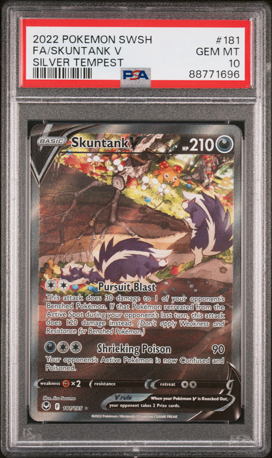 FA/SKUNTANK V 181/195 Common POKEMON SWORD & SHIELD SILVER TEMPEST SILVER TEMPEST PSA10 GEM MT 10 PSA population 1864 <a href=https://www.psacard.com/cert/88771696/psa>https://www.psacard.com/cert/88771696/psa</a>