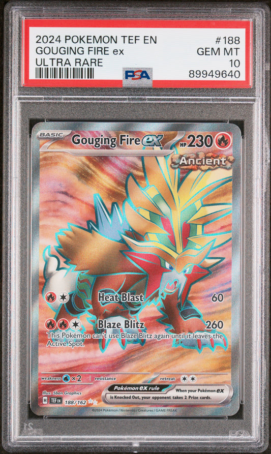 GOUGING FIRE EX 188/162 Common POKEMON TEF EN-TEMPORAL FORCES ULTRA RARE PSA10 GEM MT 10 PSA population 270 <a href=https://www.psacard.com/cert/89949640/psa>https://www.psacard.com/cert/89949640/psa</a>