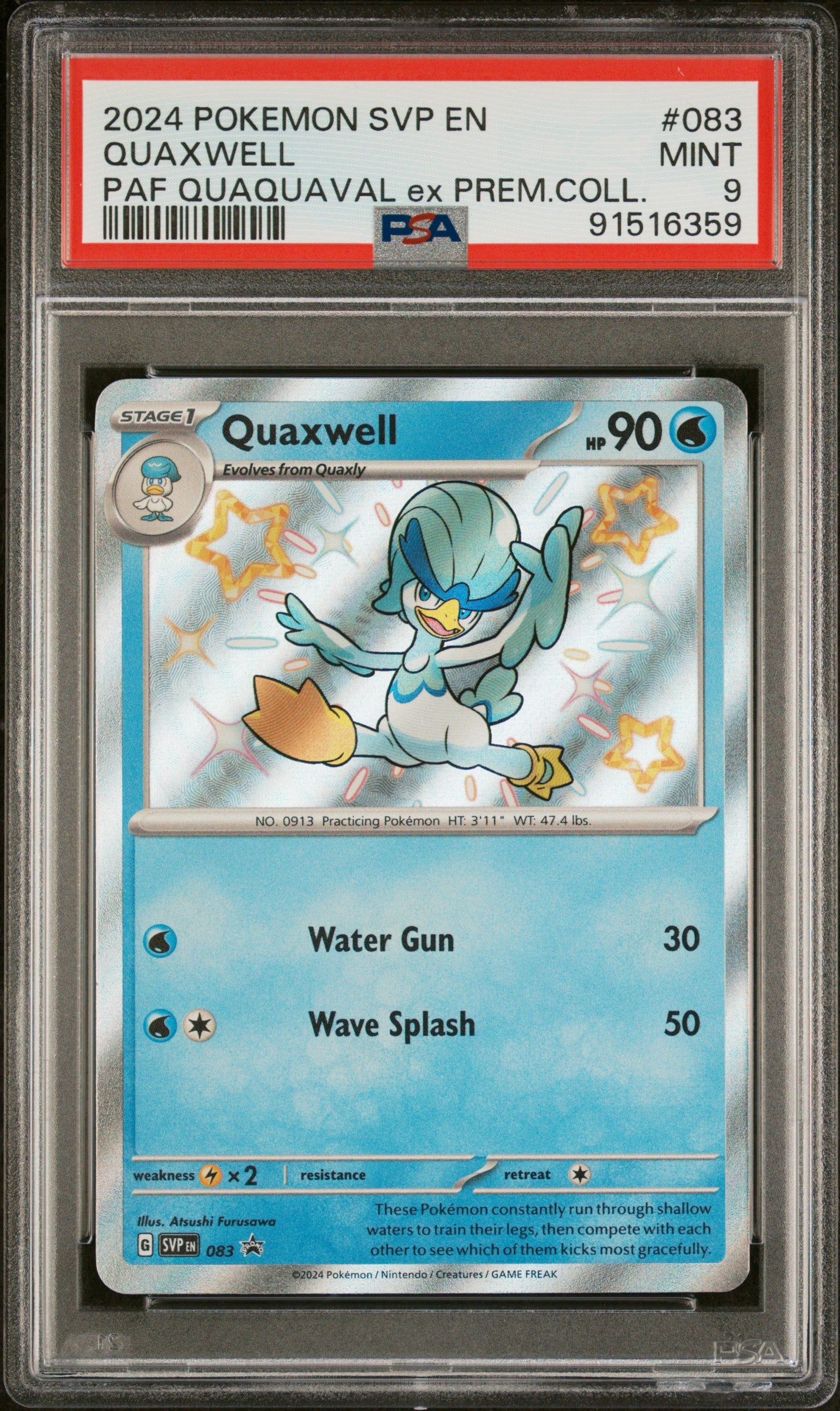 QUAXWELL 83/SVP Common POKEMON SVP EN-SV BLACK STAR PROMO PAF QUAQUAVAL EX PREM COLL PSA9 MINT 9 PSA population 45 <a href=https://www.psacard.com/cert/91516359/psa>https://www.psacard.com/cert/91516359/psa</a>