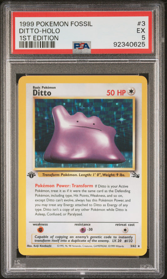 DITTO-HOLO 3/62 [1st Edition]  POKEMON FOSSIL 1ST EDITION PSA5 EX 5 PSA population 124 <a href=https://www.psacard.com/cert/92340625/psa>https://www.psacard.com/cert/92340625/psa</a>