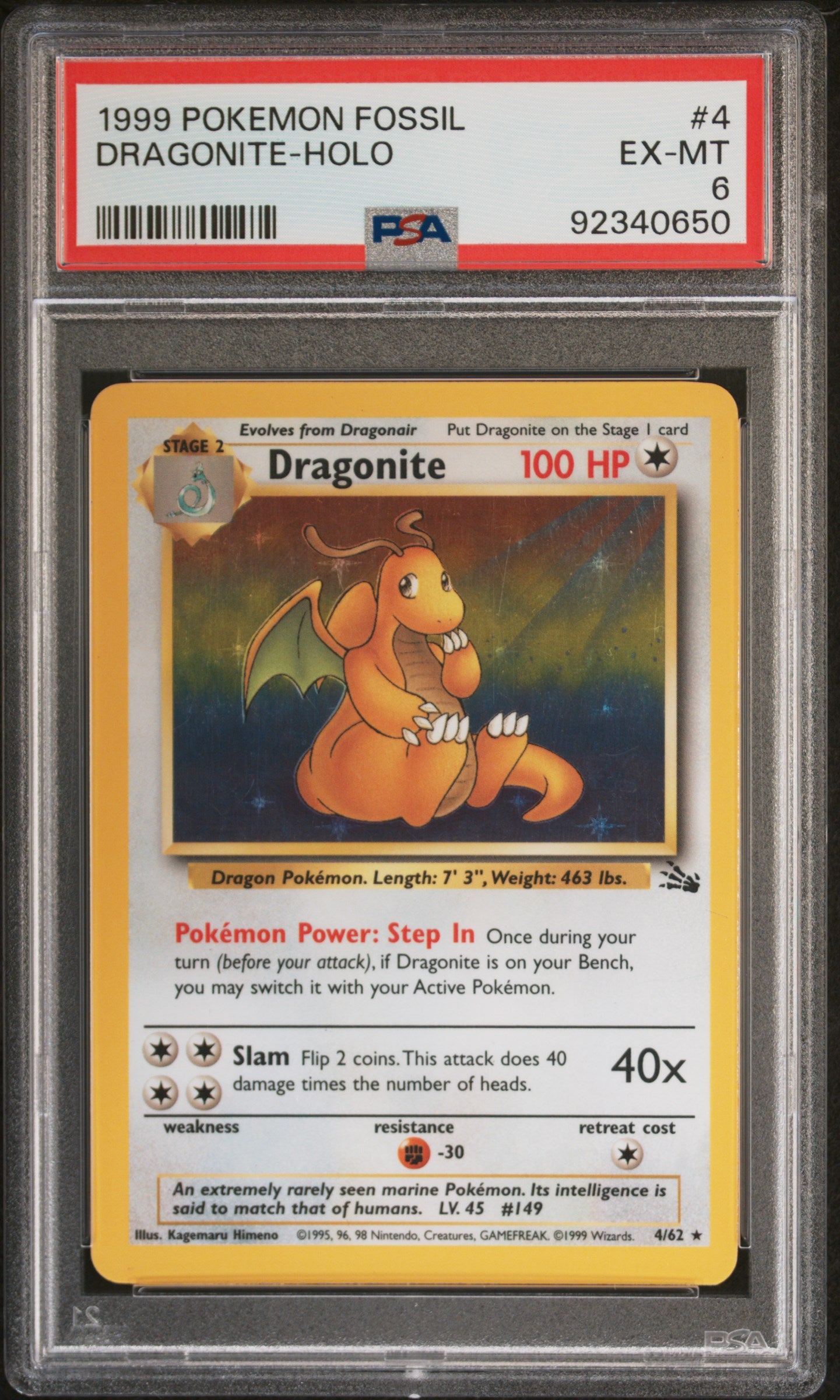DRAGONITE-HOLO 4/62 Common POKEMON FOSSIL PSA6 EX-MT 6 PSA population 2366 <a href=https://www.psacard.com/cert/92340650/psa>https://www.psacard.com/cert/92340650/psa</a>