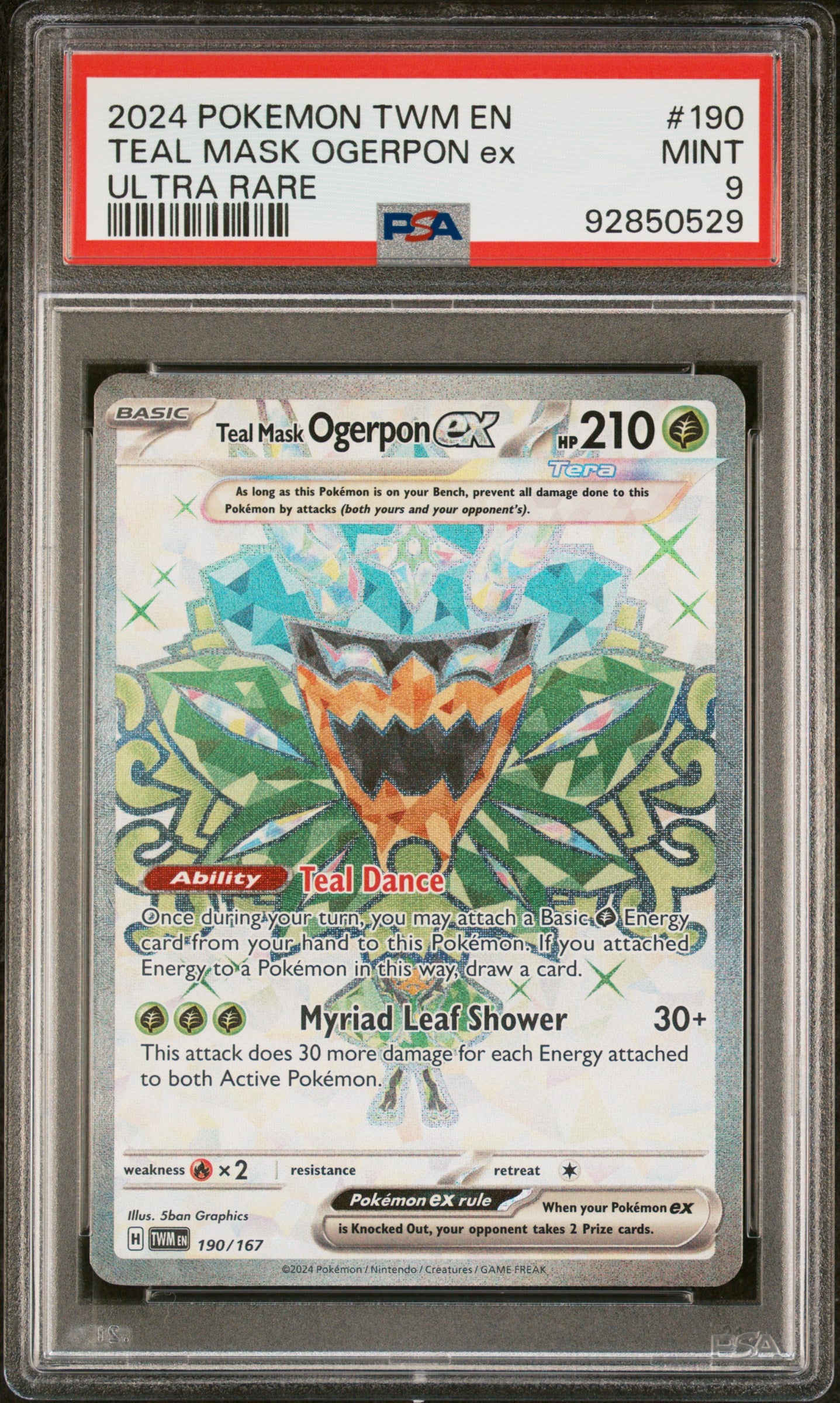 TEAL MASK OGERPON EX 190/167 Common POKEMON TWM EN-TWILIGHT MASQUERADE ULTRA RARE PSA9 MINT 9 PSA population 290 <a href=https://www.psacard.com/cert/92850529/psa>https://www.psacard.com/cert/92850529/psa</a>