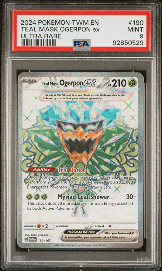TEAL MASK OGERPON EX 190/167 Common POKEMON TWM EN-TWILIGHT MASQUERADE ULTRA RARE PSA9 MINT 9 PSA population 290 <a href=https://www.psacard.com/cert/92850529/psa>https://www.psacard.com/cert/92850529/psa</a>