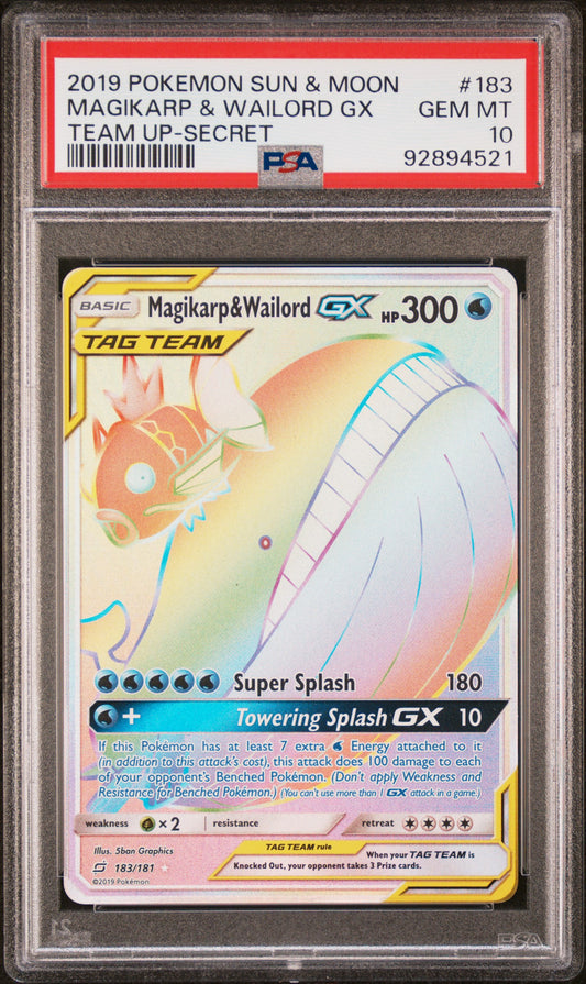MAGIKARP & WAILORD GX 183/181 Common POKEMON SUN & MOON TEAM UP TEAM UP-SECRET PSA10 GEM MT 10 PSA population 465 <a href=https://www.psacard.com/cert/92894521/psa>https://www.psacard.com/cert/92894521/psa</a>