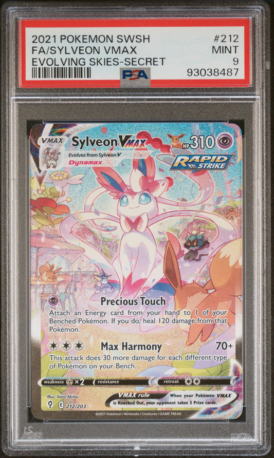 FA/SYLVEON VMAX 212/203 Common POKEMON SWORD & SHIELD EVOLVING SKIES EVOLVING SKIES-SECRET PSA9 MINT 9 PSA population 3171 <a href=https://www.psacard.com/cert/93038487/psa>https://www.psacard.com/cert/93038487/psa</a>