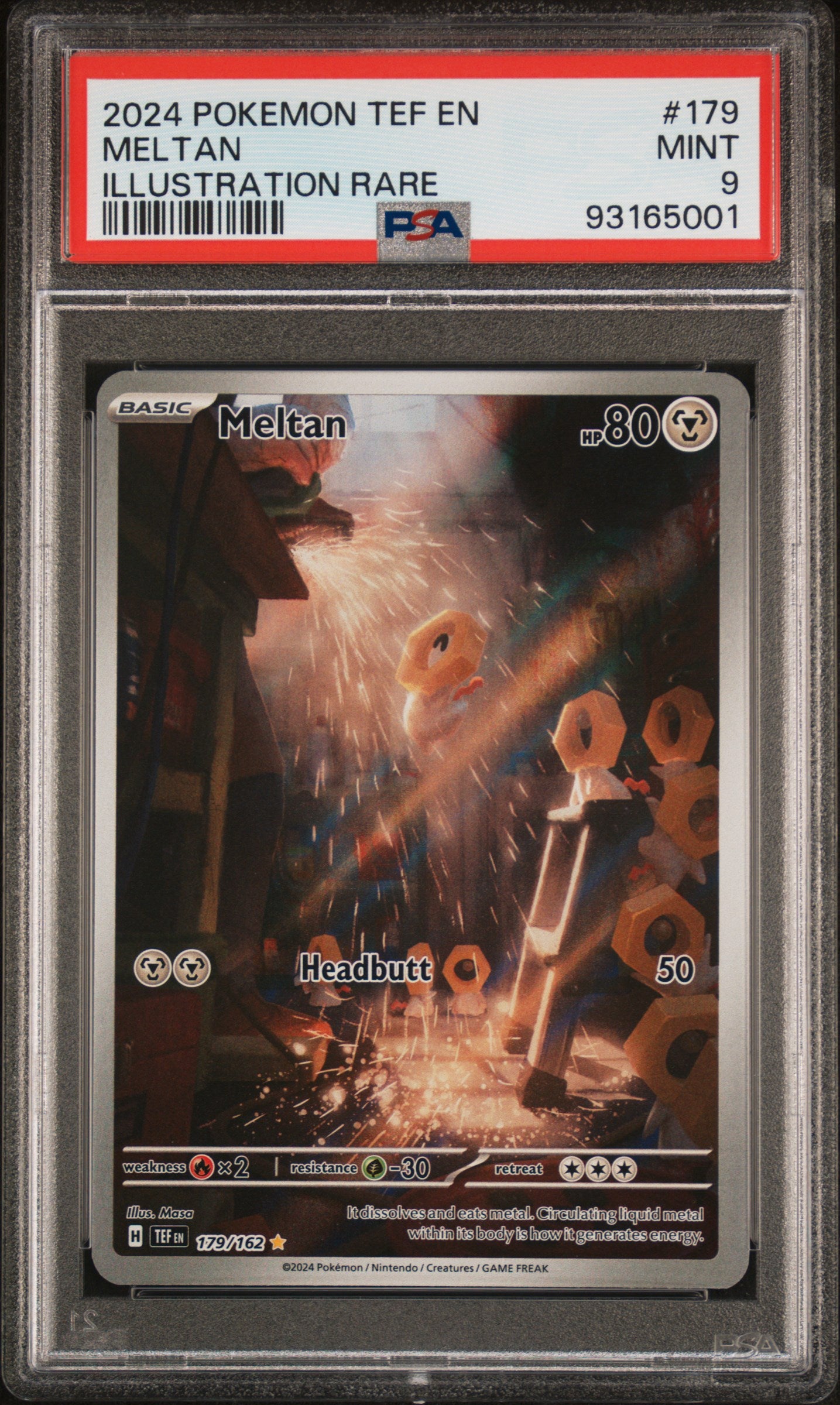 MELTAN 179/162 Common POKEMON TEF EN-TEMPORAL FORCES ILLUSTRATION RARE PSA9 MINT 9 PSA population 289 <a href=https://www.psacard.com/cert/93165001/psa>https://www.psacard.com/cert/93165001/psa</a>