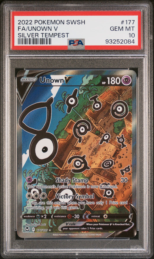 FA/UNOWN V 177/195 Common POKEMON SWORD & SHIELD SILVER TEMPEST SILVER TEMPEST PSA10 GEM MT 10 PSA population 2929 <a href=https://www.psacard.com/cert/93252084/psa>https://www.psacard.com/cert/93252084/psa</a>