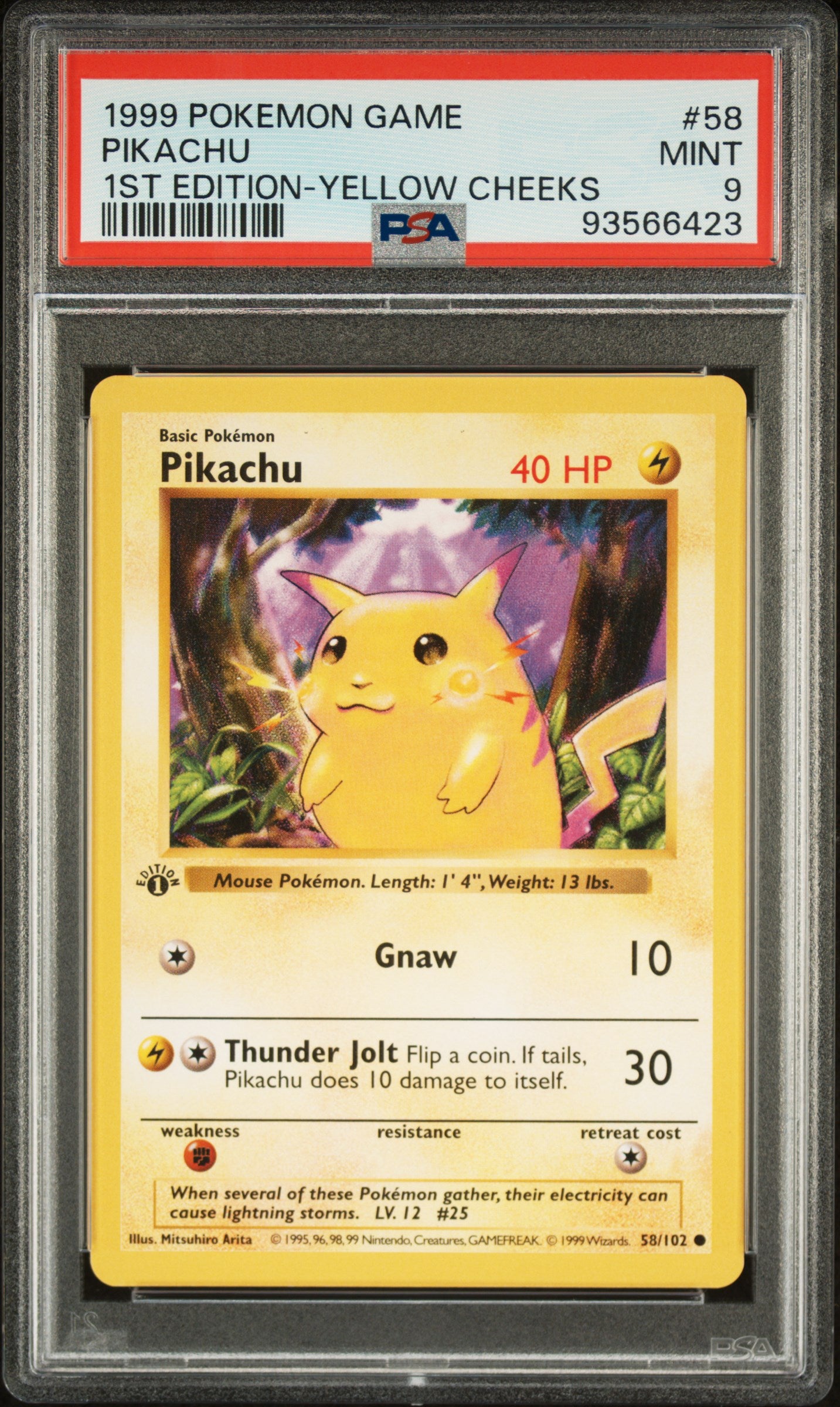 PIKACHU 58/102 [1st Edition]  POKEMON GAME 1ST EDITION-YELLOW CHEEKS PSA9 MINT 9 PSA population 1108 <a href=https://www.psacard.com/cert/93566423/psa>https://www.psacard.com/cert/93566423/psa</a>