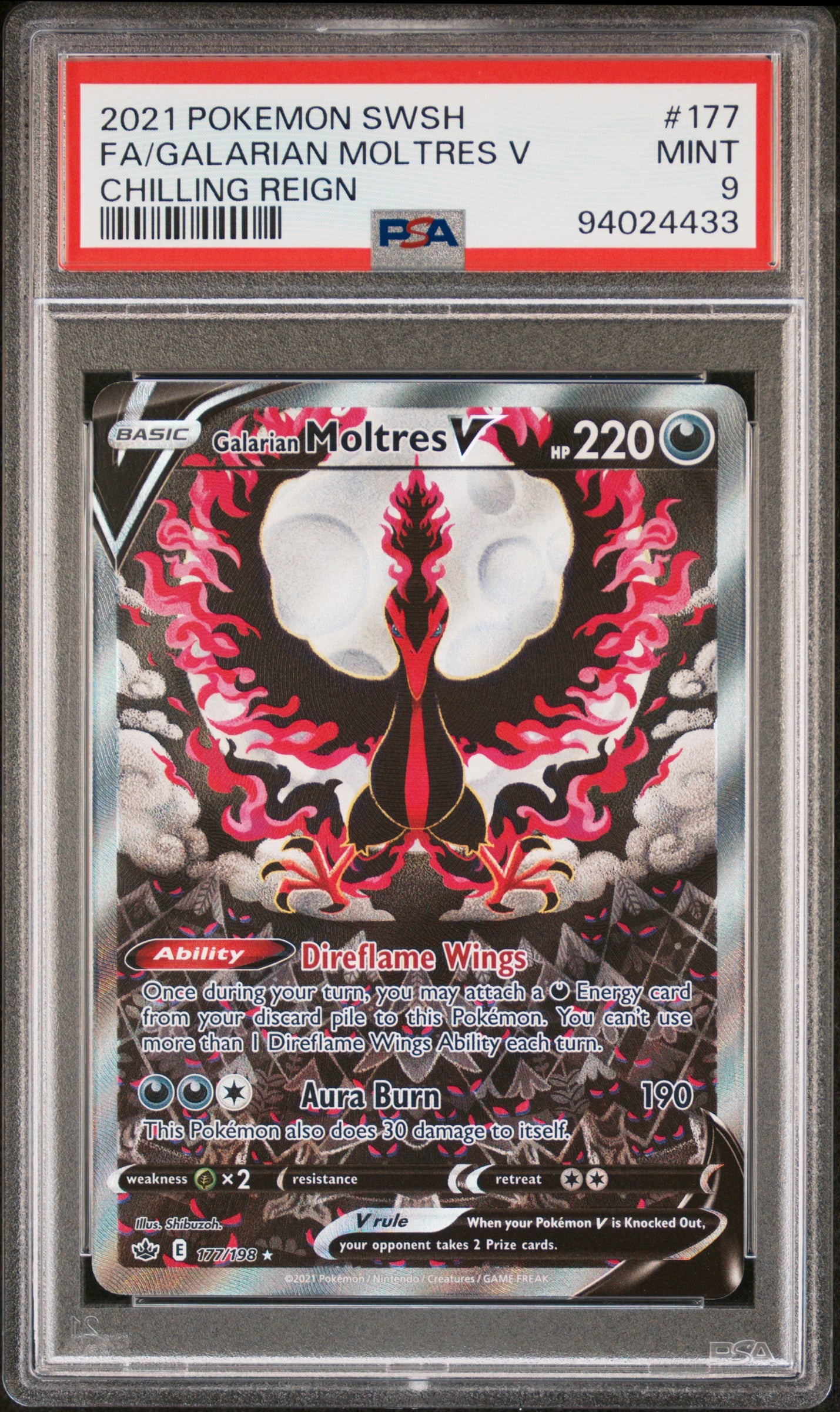 FA/GALARIAN MOLTRES V 177/198 Common POKEMON SWORD & SHIELD CHILLING REIGN CHILLING REIGN PSA9 MINT 9 PSA population 3159 <a href=https://www.psacard.com/cert/94024433/psa>https://www.psacard.com/cert/94024433/psa</a>