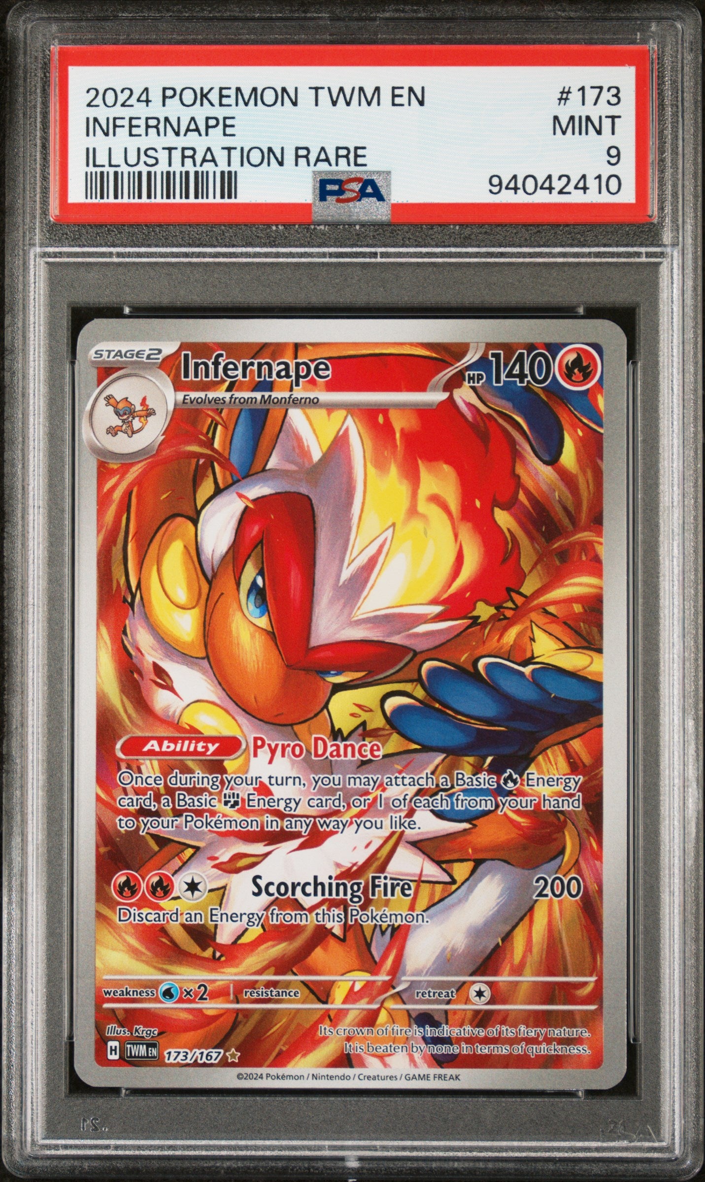 INFERNAPE 173/167 Common POKEMON TWM EN-TWILIGHT MASQUERADE ILLUSTRATION RARE PSA9 MINT 9 PSA population 2894 <a href=https://www.psacard.com/cert/94042410/psa>https://www.psacard.com/cert/94042410/psa</a>