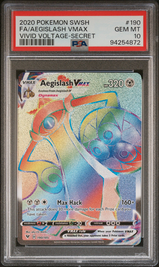 FA/AEGISLASH VMAX 190/185 Common POKEMON SWORD & SHIELD VIVID VOLTAGE VIVID VOLTAGE-SECRET PSA10 GEM MT 10 PSA population 453 <a href=https://www.psacard.com/cert/94254872/psa>https://www.psacard.com/cert/94254872/psa</a>