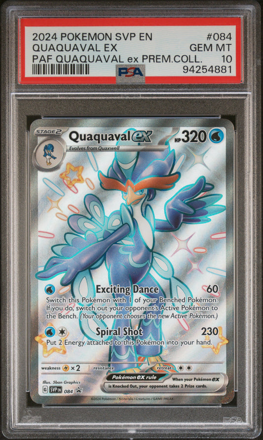 QUAQUAVAL EX 84/SVP Common POKEMON SVP EN-SV BLACK STAR PROMO PAF QUAQUAVAL EX PREM COLL PSA10 GEM MT 10 PSA population 143 <a href=https://www.psacard.com/cert/94254881/psa>https://www.psacard.com/cert/94254881/psa</a>
