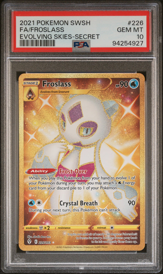 FA/FROSLASS 226/203 Common POKEMON SWORD & SHIELD EVOLVING SKIES EVOLVING SKIES-SECRET PSA10 GEM MT 10 PSA population 343 <a href=https://www.psacard.com/cert/94254927/psa>https://www.psacard.com/cert/94254927/psa</a>