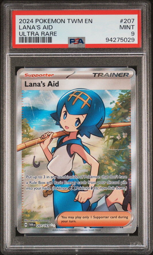 LANA'S AID 207/167 Common POKEMON TWM EN-TWILIGHT MASQUERADE ULTRA RARE PSA9 MINT 9 PSA population 223 <a href=https://www.psacard.com/cert/94275029/psa>https://www.psacard.com/cert/94275029/psa</a>