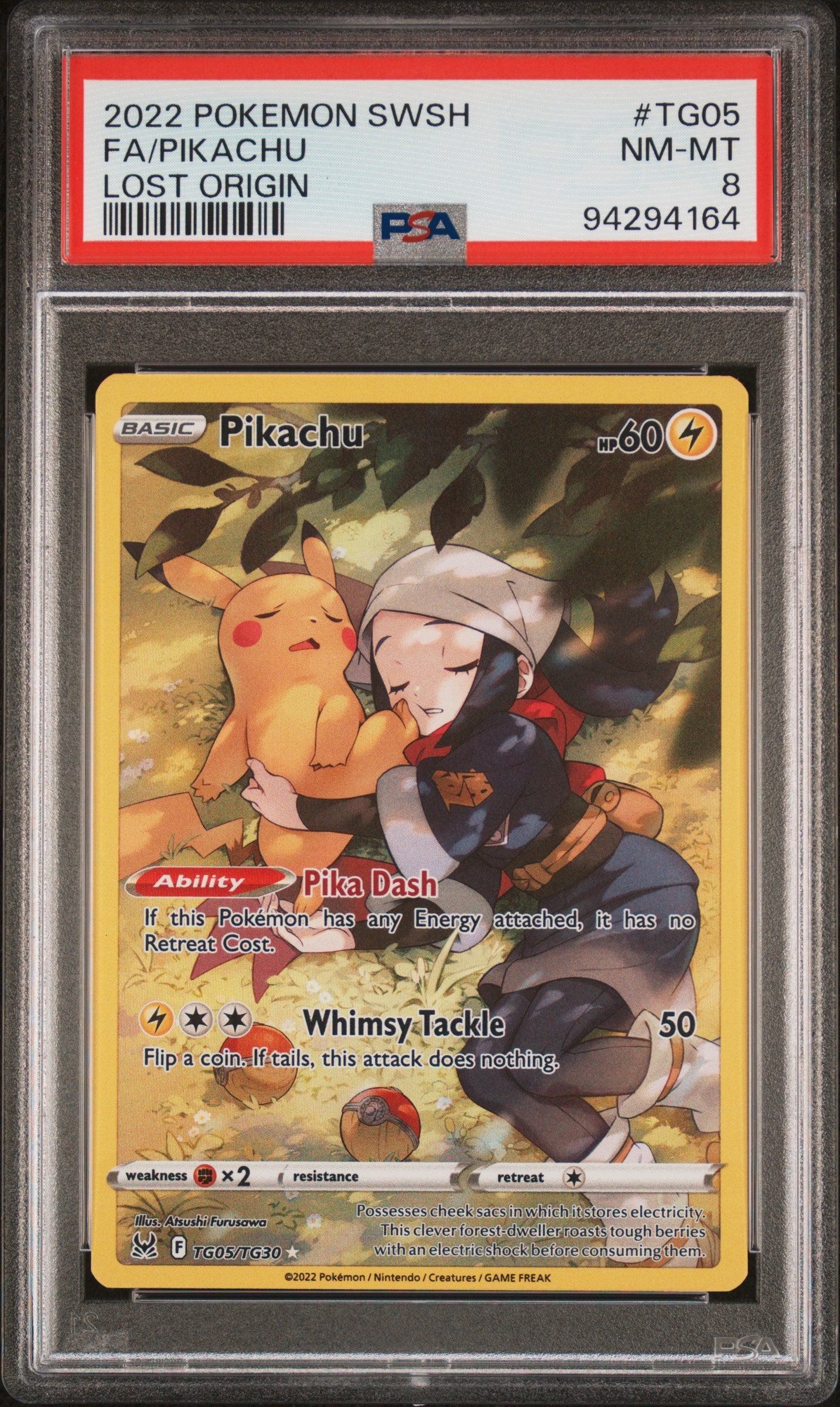 FA/PIKACHU TG05/TG30 Common POKEMON SWORD & SHIELD LOST ORIGIN LOST ORIGIN PSA8 NM-MT 8 PSA population 1807 <a href=https://www.psacard.com/cert/94294164/psa>https://www.psacard.com/cert/94294164/psa</a>
