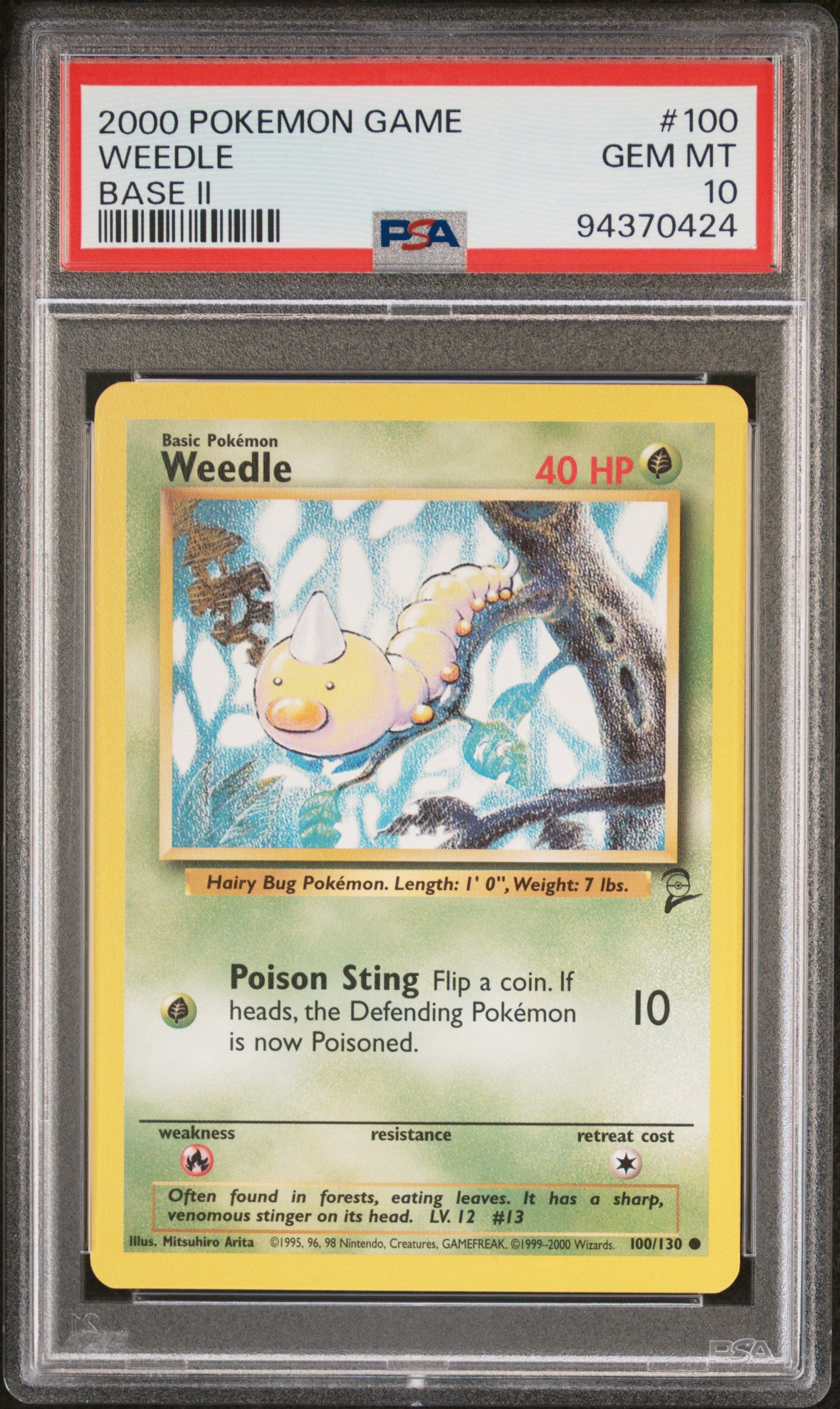 WEEDLE 100/130 Common POKEMON GAME BASE II BASE II PSA10 GEM MT 10 PSA population 47 <a href=https://www.psacard.com/cert/94370424/psa>https://www.psacard.com/cert/94370424/psa</a>