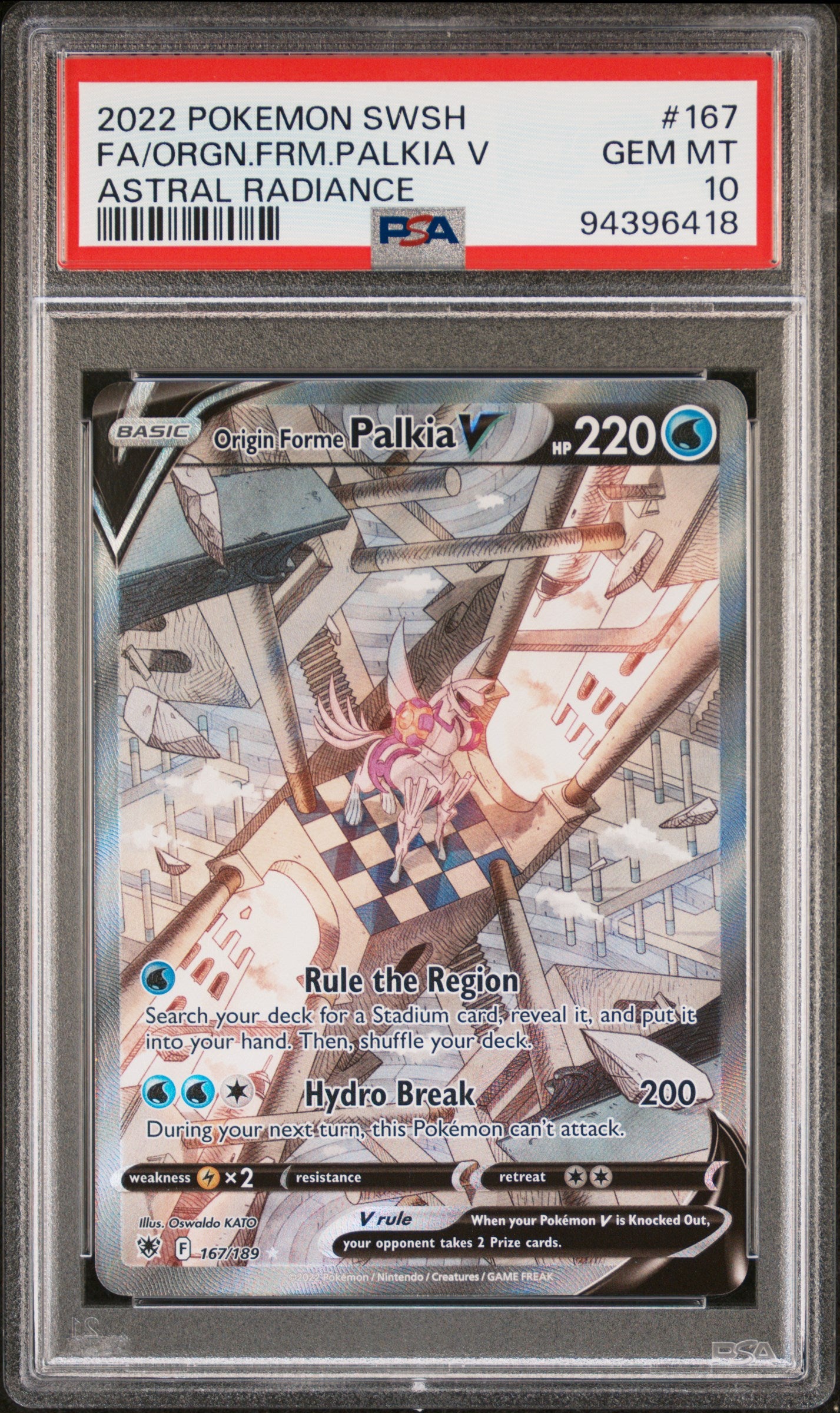 FA/ORGN.FRM.PALKIA V 167/189 Common POKEMON SWORD & SHIELD ASTRAL RADIANCE ASTRAL RADIANCE PSA10 GEM MT 10 PSA population 4506 <a href=https://www.psacard.com/cert/94396418/psa>https://www.psacard.com/cert/94396418/psa</a>