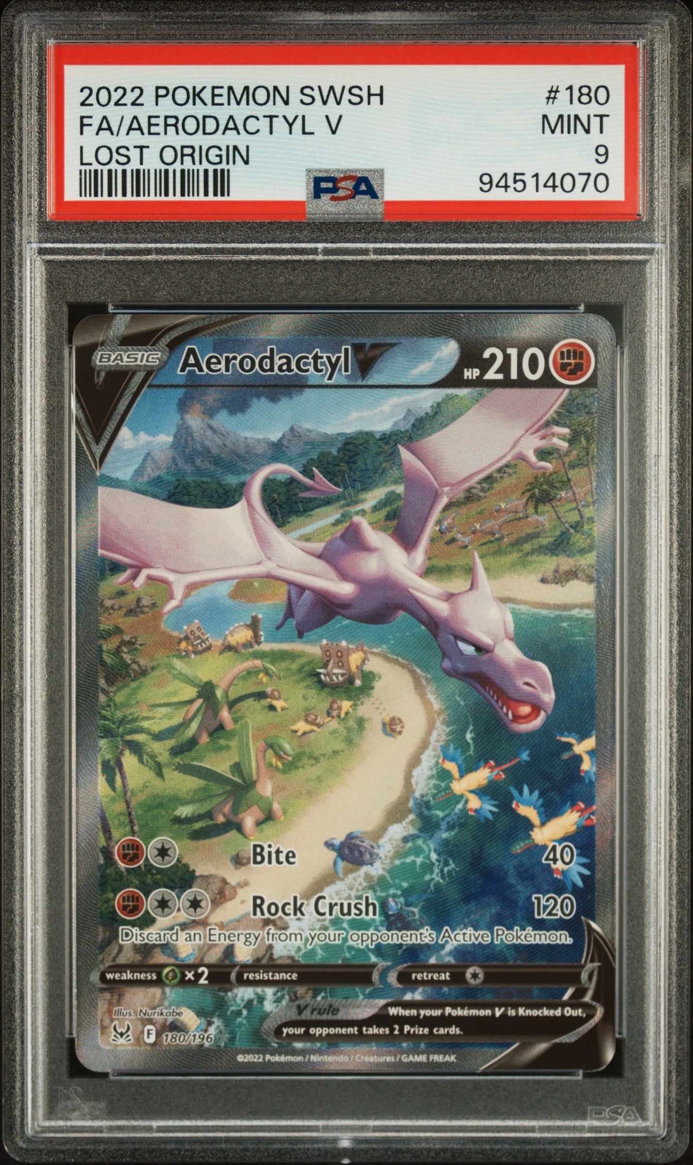 FA/AERODACTYL V 180/196 Common POKEMON SWORD & SHIELD LOST ORIGIN LOST ORIGIN PSA9 MINT 9 PSA population 3709 <a href=https://www.psacard.com/cert/94514070/psa>https://www.psacard.com/cert/94514070/psa</a>