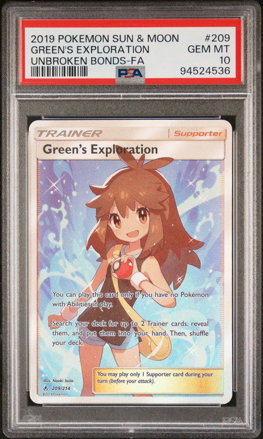 GREEN'S EXPLORATION 209/214 Common POKEMON SUN & MOON UNBROKEN BONDS UNBROKEN BONDS-FA PSA10 GEM MT 10 PSA population 935 <a href=https://www.psacard.com/cert/94524536/psa>https://www.psacard.com/cert/94524536/psa</a>