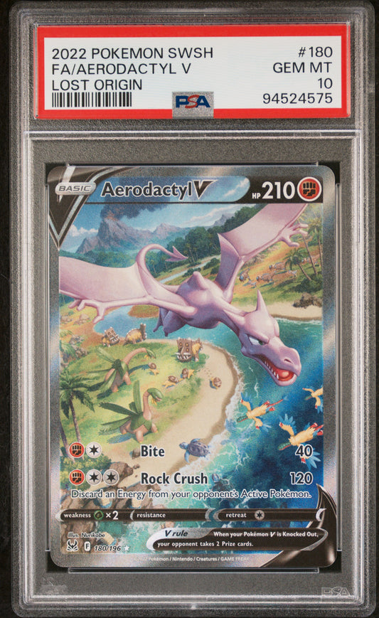 FA/AERODACTYL V 180/196 Common POKEMON SWORD & SHIELD LOST ORIGIN LOST ORIGIN PSA10 GEM MT 10 PSA population 4547 <a href=https://www.psacard.com/cert/94524575/psa>https://www.psacard.com/cert/94524575/psa</a>