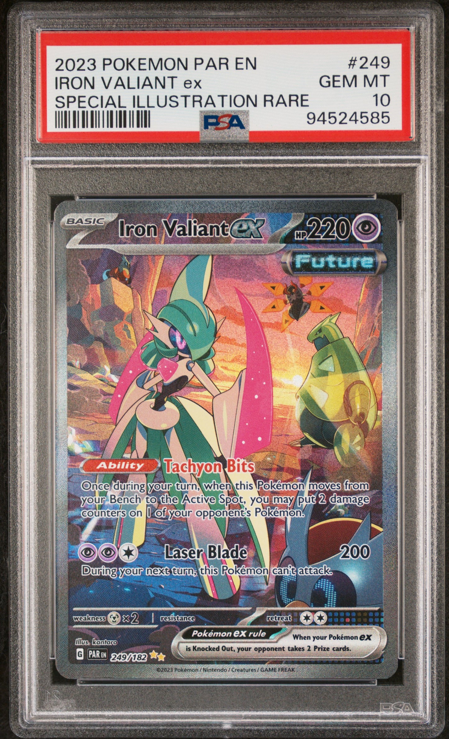 IRON VALIANT EX 249/182 Common POKEMON PAR EN-PARADOX RIFT SPECIAL ILLUSTRATION RARE PSA10 GEM MT 10 PSA population 1944 <a href=https://www.psacard.com/cert/94524585/psa>https://www.psacard.com/cert/94524585/psa</a>