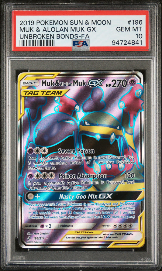 MUK & ALOLAN MUK GX 196/214 Common POKEMON SUN & MOON UNBROKEN BONDS UNBROKEN BONDS-FA PSA10 GEM MT 10 PSA population 237 <a href=https://www.psacard.com/cert/94724841/psa>https://www.psacard.com/cert/94724841/psa</a>