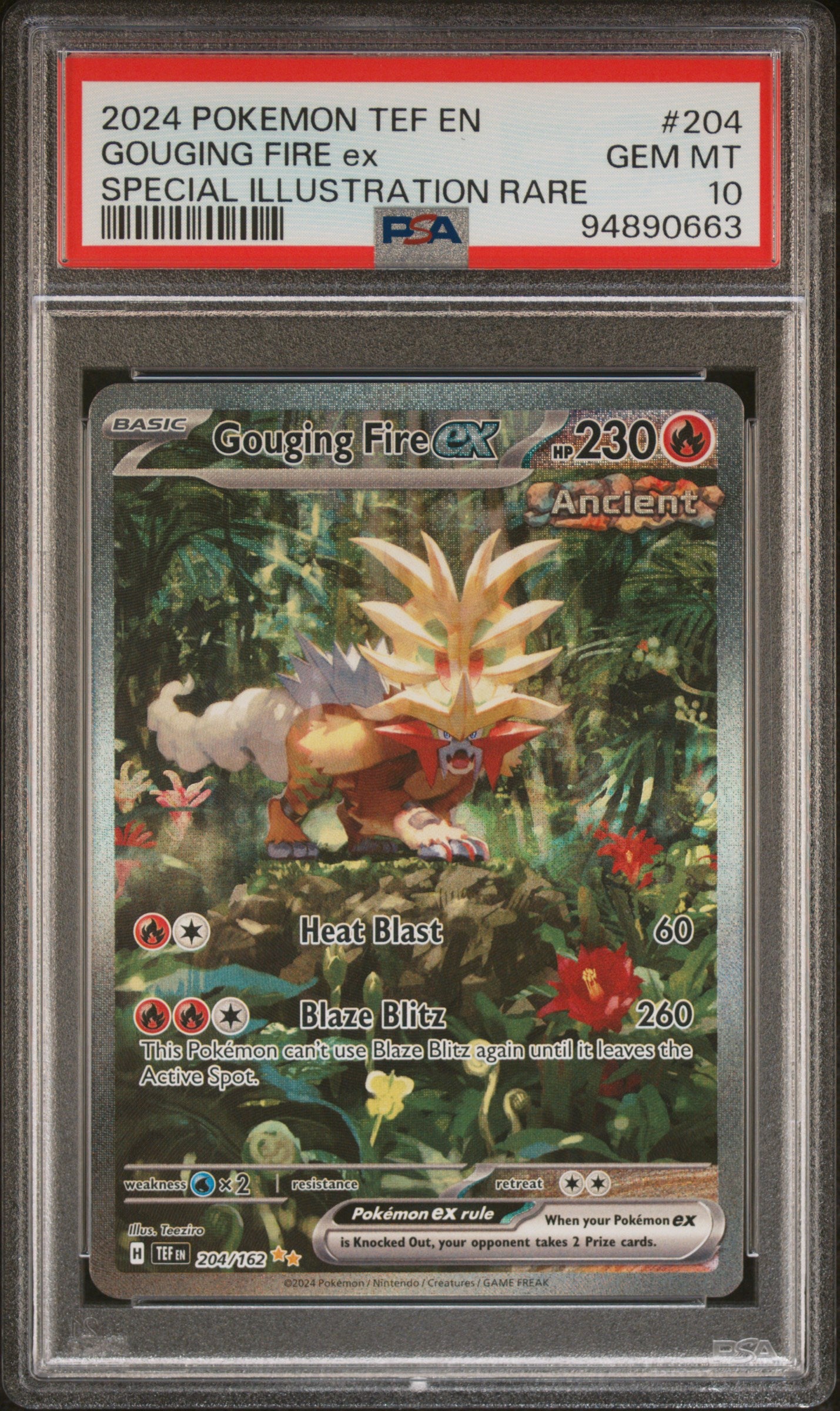 GOUGING FIRE EX 204/162 Common POKEMON TEF EN-TEMPORAL FORCES SPECIAL ILLUSTRATION RARE PSA10 GEM MT 10 PSA population 2093 <a href=https://www.psacard.com/cert/94890663/psa>https://www.psacard.com/cert/94890663/psa</a>