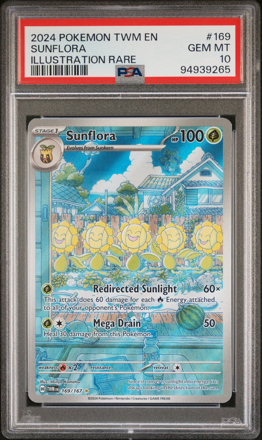 SUNFLORA 169/167 Common POKEMON TWM EN-TWILIGHT MASQUERADE ILLUSTRATION RARE PSA10 GEM MT 10 PSA population 727 <a href=https://www.psacard.com/cert/94939265/psa>https://www.psacard.com/cert/94939265/psa</a>