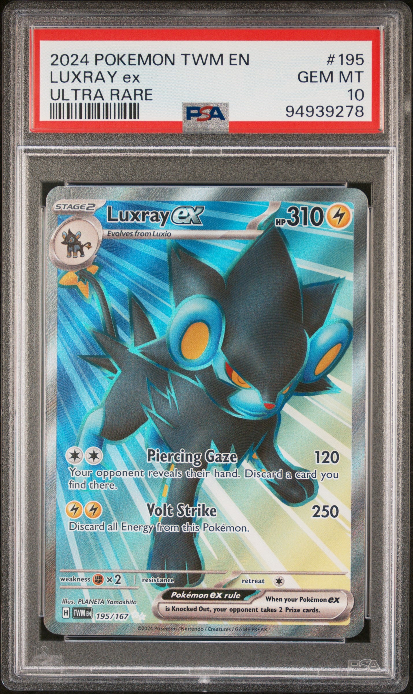 LUXRAY EX 195/167 Common POKEMON TWM EN-TWILIGHT MASQUERADE ULTRA RARE PSA10 GEM MT 10 PSA population 239 <a href=https://www.psacard.com/cert/94939278/psa>https://www.psacard.com/cert/94939278/psa</a>