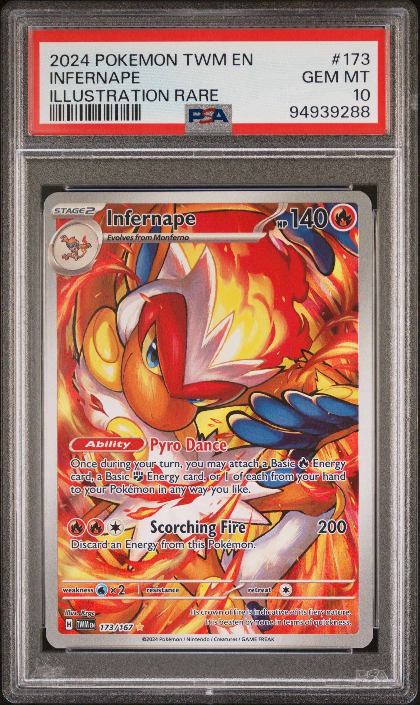 INFERNAPE 173/167 Common POKEMON TWM EN-TWILIGHT MASQUERADE ILLUSTRATION RARE PSA10 GEM MT 10 PSA population 2855 <a href=https://www.psacard.com/cert/94939288/psa>https://www.psacard.com/cert/94939288/psa</a>
