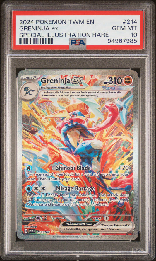 GRENINJA EX 214/167 Common POKEMON TWM EN-TWILIGHT MASQUERADE SPECIAL ILLUSTRATION RARE PSA10 GEM MT 10 PSA population 7574 <a href=https://www.psacard.com/cert/94967985/psa>https://www.psacard.com/cert/94967985/psa</a>