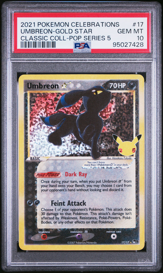 UMBREON-GOLD STAR 17/17 Common POKEMON CELEBRATIONS CLASSIC COLLECTION CLASSIC COLL-POP SERIES 5 PSA10 GEM MT 10 PSA population 11809 <a href=https://www.psacard.com/cert/95027428/psa>https://www.psacard.com/cert/95027428/psa</a>