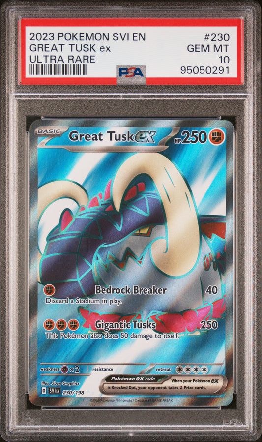 GREAT TUSK EX 230/198 Common POKEMON SVI EN-SCARLET & VIOLET ULTRA RARE PSA10 GEM MT 10 PSA population 186 <a href=https://www.psacard.com/cert/95050291/psa>https://www.psacard.com/cert/95050291/psa</a>