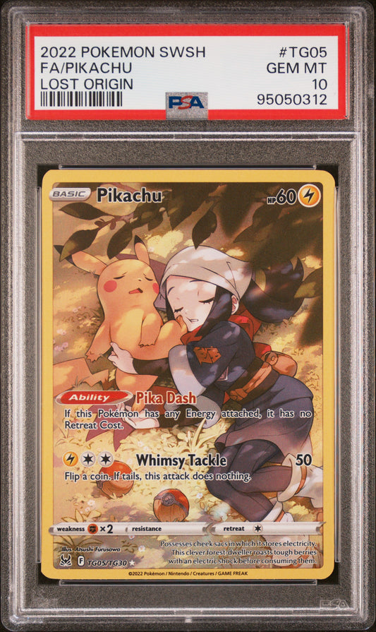 FA/PIKACHU TG05/TG30 Common POKEMON SWORD & SHIELD LOST ORIGIN LOST ORIGIN PSA10 GEM MT 10 PSA population 3056 <a href=https://www.psacard.com/cert/95050312/psa>https://www.psacard.com/cert/95050312/psa</a>