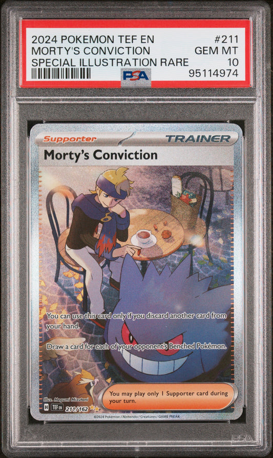 MORTY'S CONVICTION 211/162 Common POKEMON TEF EN-TEMPORAL FORCES SPECIAL ILLUSTRATION RARE PSA10 GEM MT 10 PSA population 1978 <a href=https://www.psacard.com/cert/95114974/psa>https://www.psacard.com/cert/95114974/psa</a>