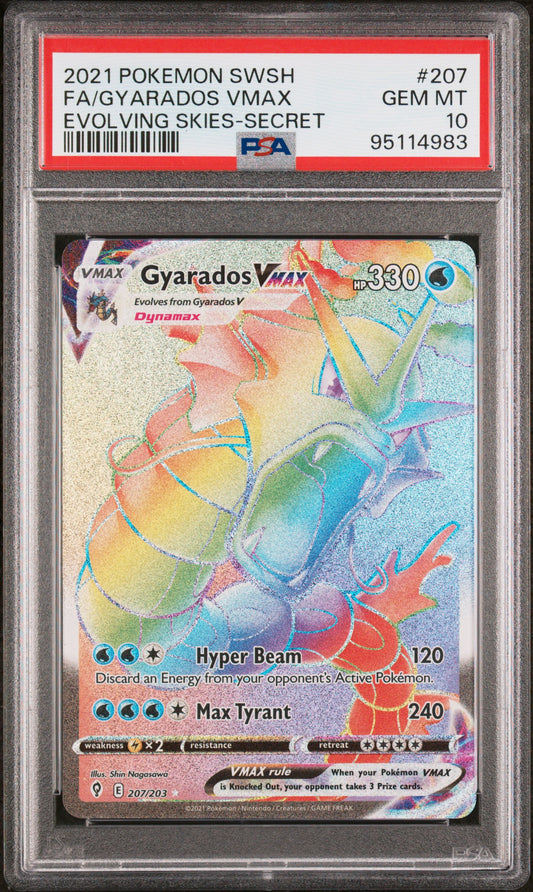 FA/GYARADOS VMAX 207/203 Common POKEMON SWORD & SHIELD EVOLVING SKIES EVOLVING SKIES-SECRET PSA10 GEM MT 10 PSA population 2115 <a href=https://www.psacard.com/cert/95114983/psa>https://www.psacard.com/cert/95114983/psa</a>
