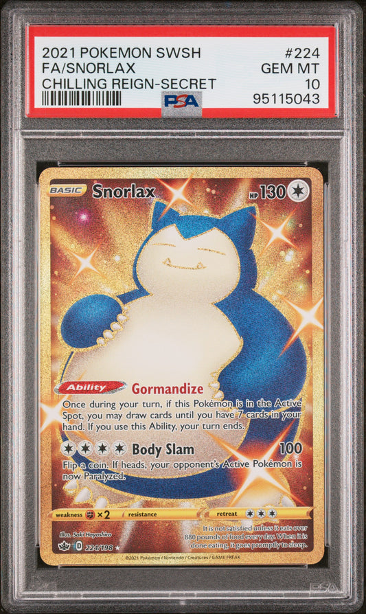 FA/SNORLAX 224/198 Common POKEMON SWORD & SHIELD CHILLING REIGN CHILLING REIGN-SECRET PSA10 GEM MT 10 PSA population 5153 <a href=https://www.psacard.com/cert/95115043/psa>https://www.psacard.com/cert/95115043/psa</a>