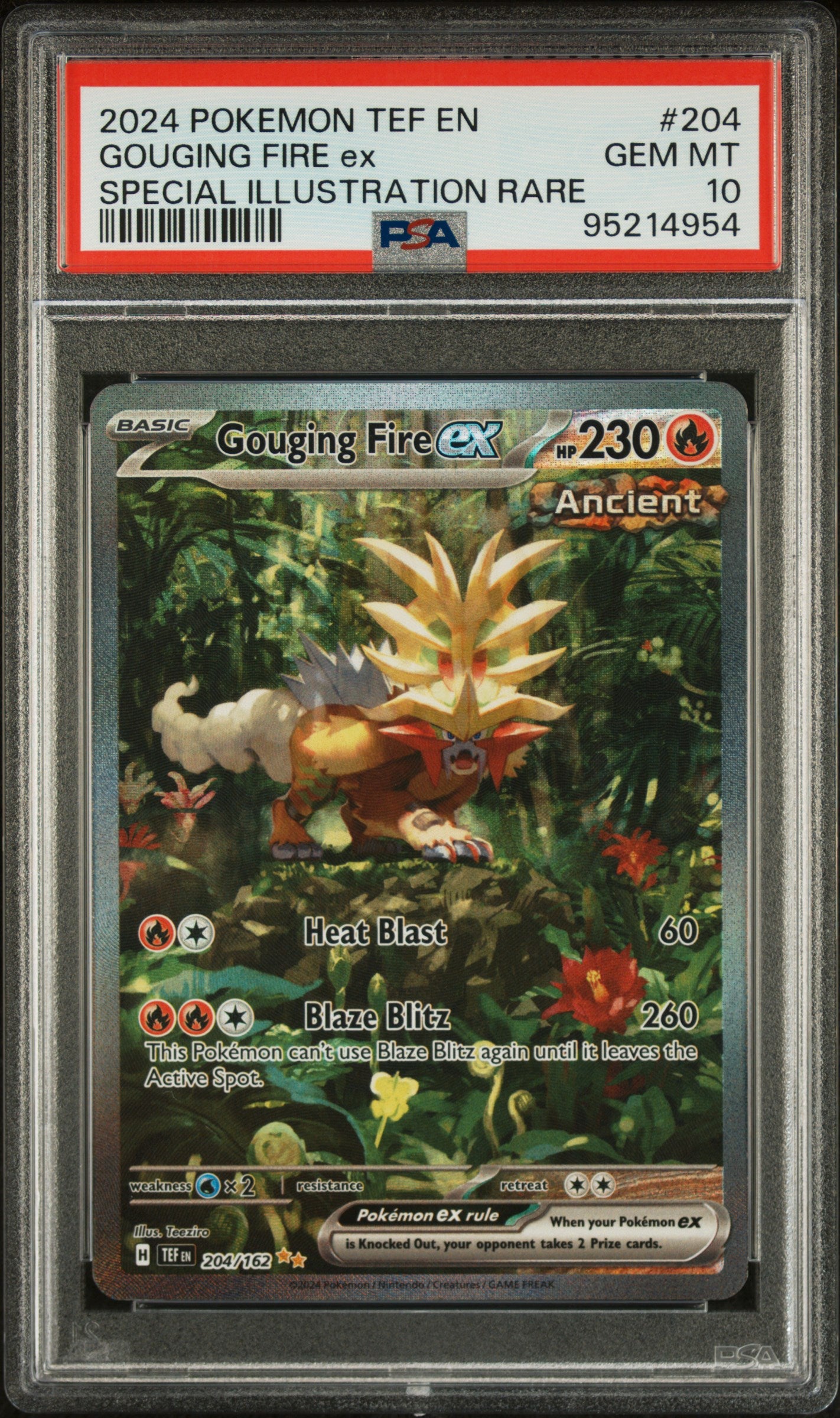GOUGING FIRE EX 204/162 Common POKEMON TEF EN-TEMPORAL FORCES SPECIAL ILLUSTRATION RARE PSA10 GEM MT 10 PSA population 2093 <a href=https://www.psacard.com/cert/95214954/psa>https://www.psacard.com/cert/95214954/psa</a>