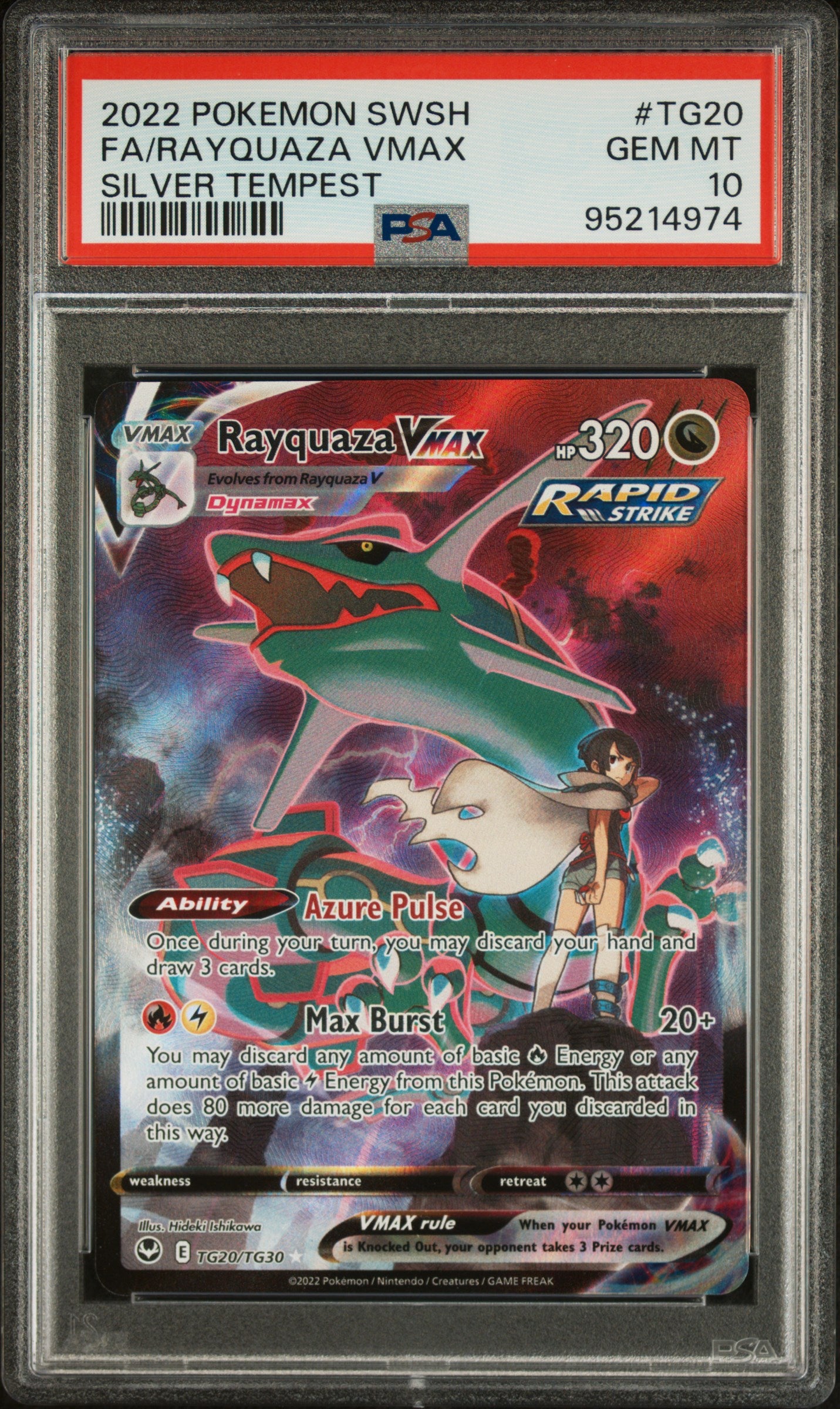 FA/RAYQUAZA VMAX TG20/TG30 Common POKEMON SWORD & SHIELD SILVER TEMPEST SILVER TEMPEST PSA10 GEM MT 10 PSA population 11296 <a href=https://www.psacard.com/cert/95214974/psa>https://www.psacard.com/cert/95214974/psa</a>