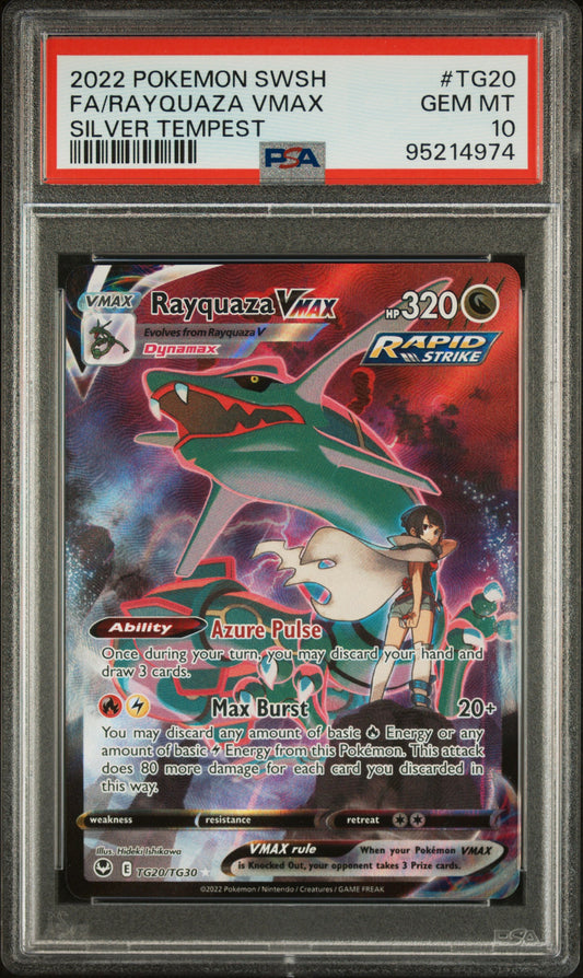 FA/RAYQUAZA VMAX TG20/TG30 Common POKEMON SWORD & SHIELD SILVER TEMPEST SILVER TEMPEST PSA10 GEM MT 10 PSA population 11296 <a href=https://www.psacard.com/cert/95214974/psa>https://www.psacard.com/cert/95214974/psa</a>
