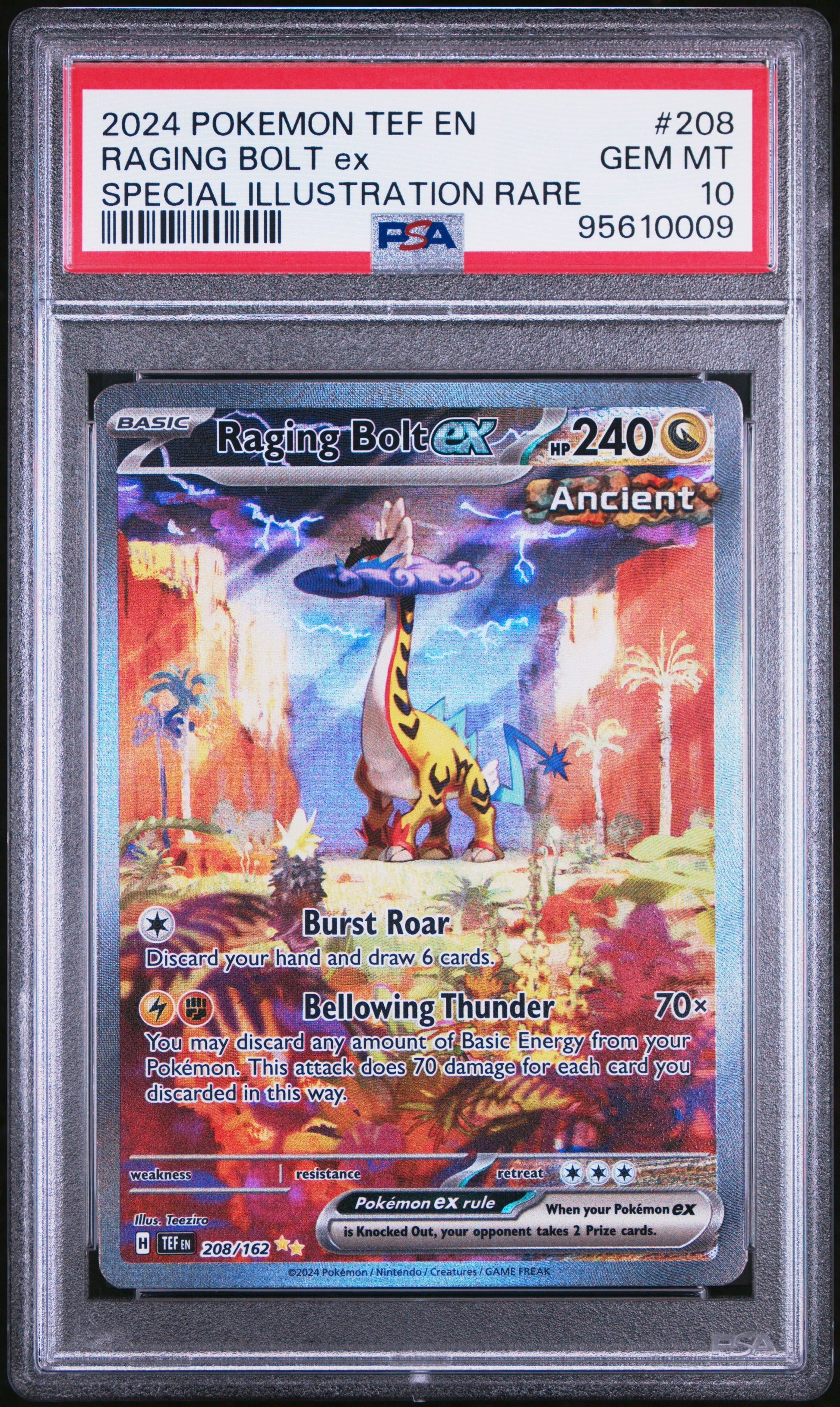 RAGING BOLT EX 208/162 Common POKEMON TEF EN-TEMPORAL FORCES SPECIAL ILLUSTRATION RARE PSA10 GEM MT 10 PSA population 3295 <a href=https://www.psacard.com/cert/95610009/psa>https://www.psacard.com/cert/95610009/psa</a>