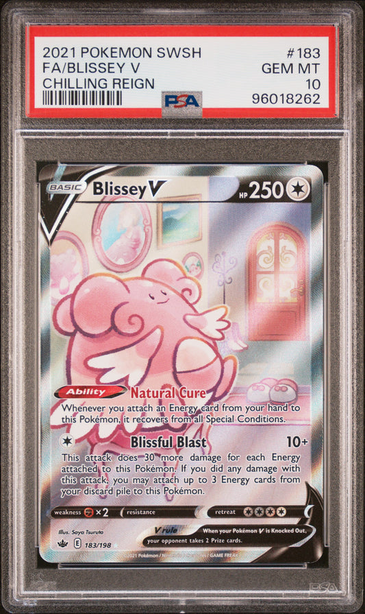 FA/BLISSEY V 183/198 Common POKEMON SWORD & SHIELD CHILLING REIGN CHILLING REIGN PSA10 GEM MT 10 PSA population 1489 <a href=https://www.psacard.com/cert/96018262/psa>https://www.psacard.com/cert/96018262/psa</a>