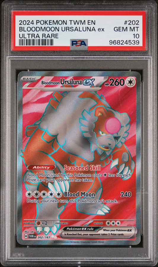 BLOODMOON URSALUNA EX 202/167 Common POKEMON TWM EN-TWILIGHT MASQUERADE ULTRA RARE PSA10 GEM MT 10 PSA population 218 <a href=https://www.psacard.com/cert/96824539/psa>https://www.psacard.com/cert/96824539/psa</a>